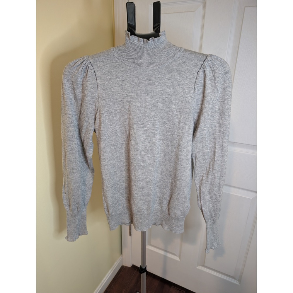 La Vie Rebecca Taylor Sweater Womens M Grey Ruffle Neck Puff Sleeve Wool Mix